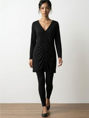 BRYN WALKER BLACK RUCHED JERSEY JOSIE TUNIC STRAIGHT SHIFT DRESS SZ XS